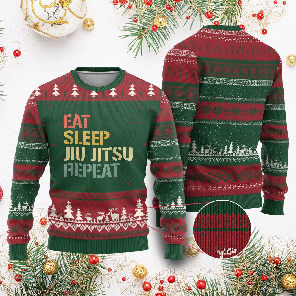 Retro Eat Sleep Jiu Jitsu Repeat Ugly Christmas Sweater Vintage JiuJitsu BJJ TS10 Red Green Print Your Wear
