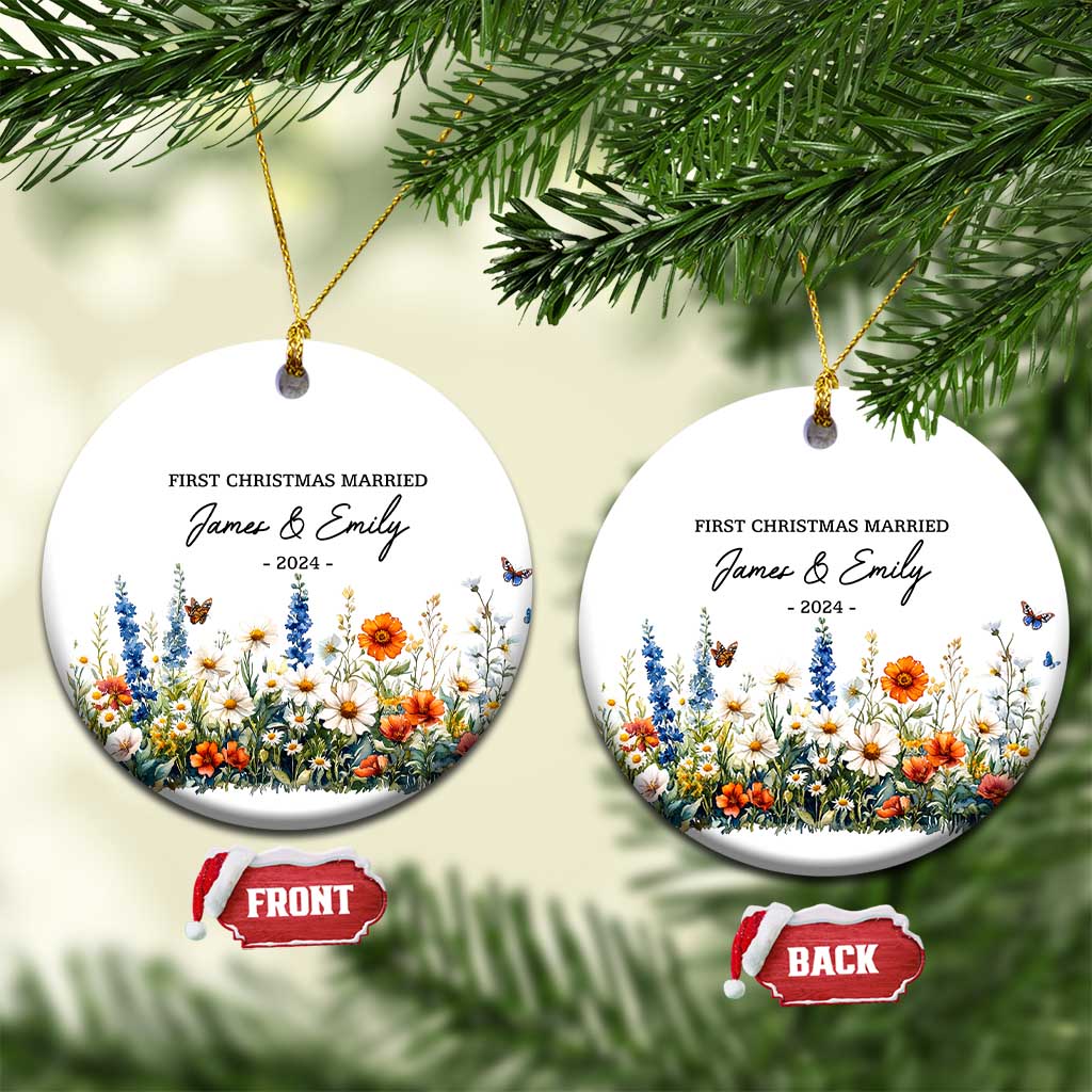 Personalised First Xmas Married Christmas Ornament Custom Name 2024 Flowers Decorations Keepsake Wedding Gifts TS10 Circle White Print Your Wear