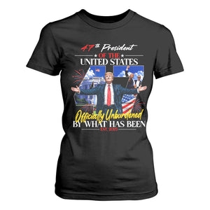 President Donald Trump T Shirt For Women Officially Unburdened By What Has Been 2025 47Th American Flag TS10 Black Print Your Wear