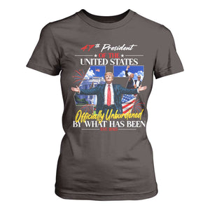 President Donald Trump T Shirt For Women Officially Unburdened By What Has Been 2025 47Th American Flag TS10 Dark Chocolate Print Your Wear