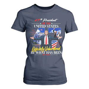 President Donald Trump T Shirt For Women Officially Unburdened By What Has Been 2025 47Th American Flag TS10 Navy Print Your Wear