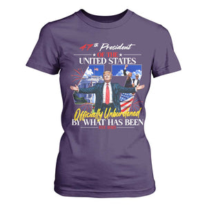 President Donald Trump T Shirt For Women Officially Unburdened By What Has Been 2025 47Th American Flag TS10 Purple Print Your Wear