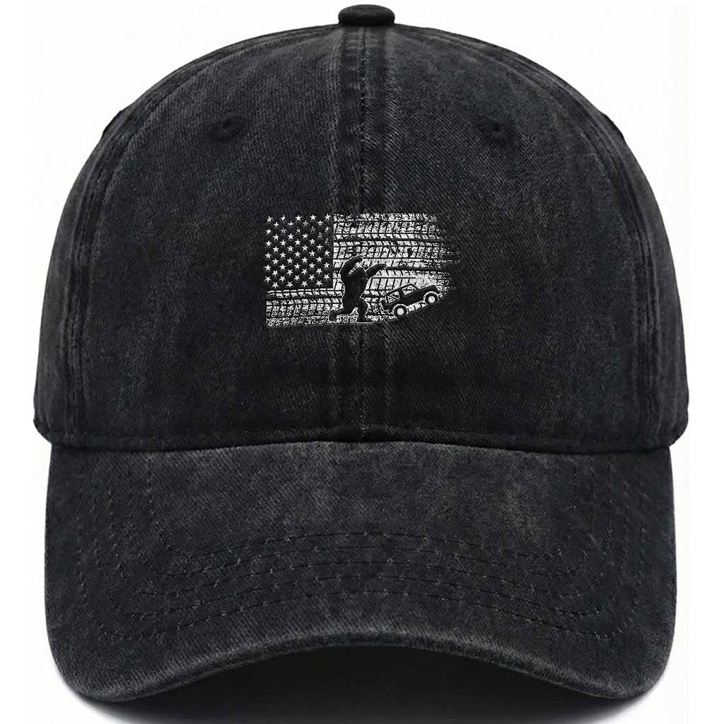 Bigfoot Offroad Car Washed Cotton Baseball Cap Retro Sasquatch 4x4 UTV ATV Funny American Flag TS10 Washed Cap Universal Fit Black Print Your Wear