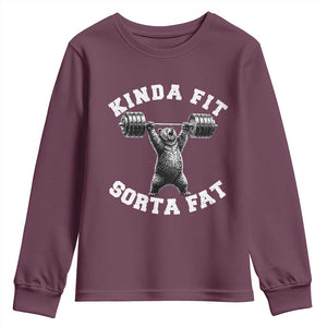 Funny Gym Youth Sweatshirt Kinda Fit Sorta Fat Bear Weightlifting Workout TS10 Maroon Print Your Wear