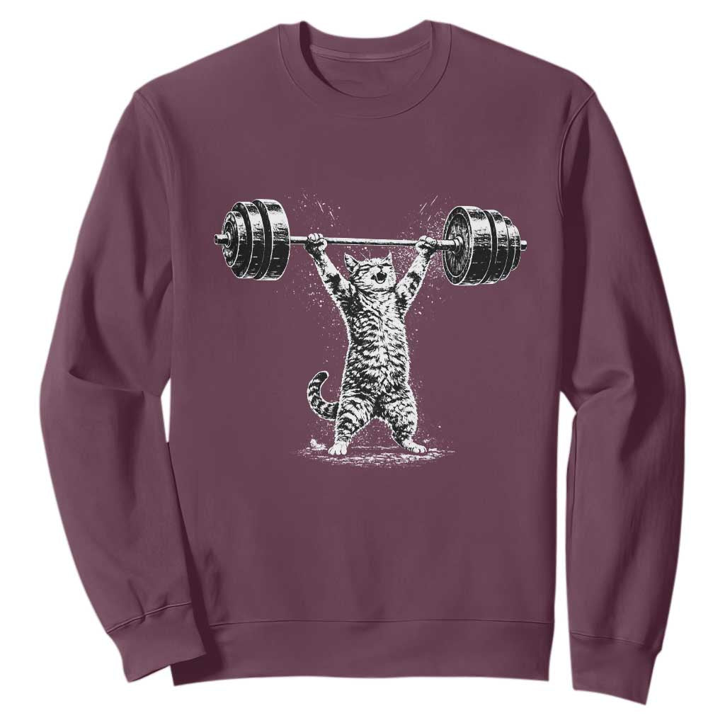 Funny Cat Gym Sweatshirt Weightlifting Workout TS10 Maroon Print Your Wear