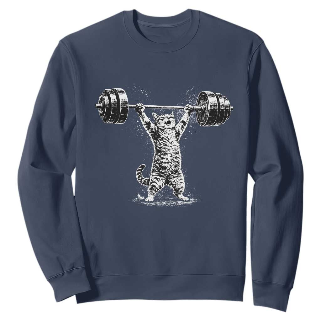 Funny Cat Gym Sweatshirt Weightlifting Workout TS10 Navy Print Your Wear