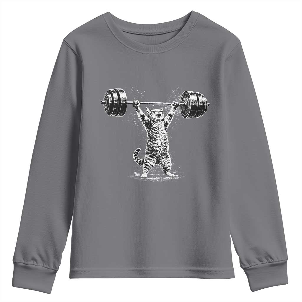 Funny Cat Gym Youth Sweatshirt Weightlifting Workout TS10 Charcoal Print Your Wear