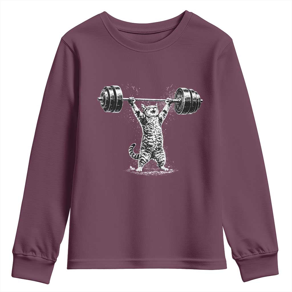 Funny Cat Gym Youth Sweatshirt Weightlifting Workout TS10 Maroon Print Your Wear