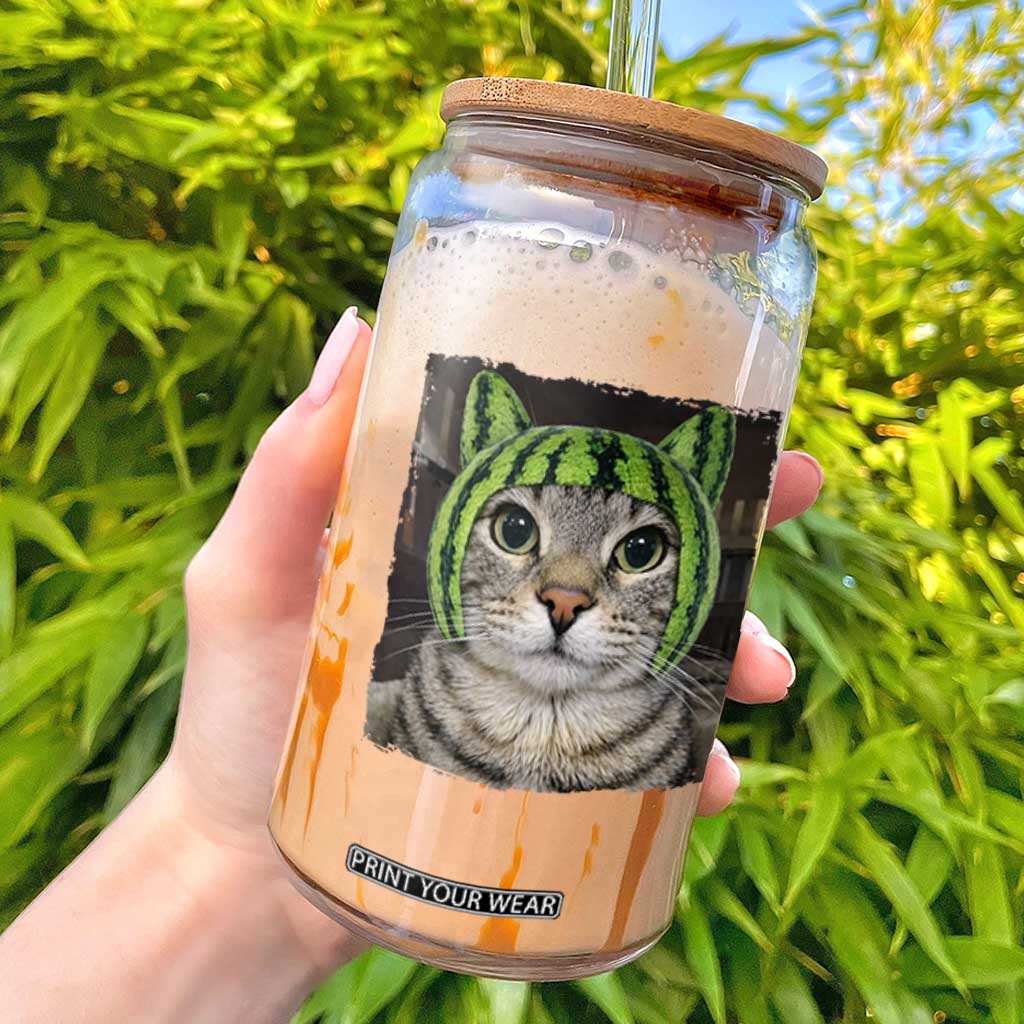 Watermelon Cat Silly Cat Meme Glass Can TS10 Black Print Your Wear