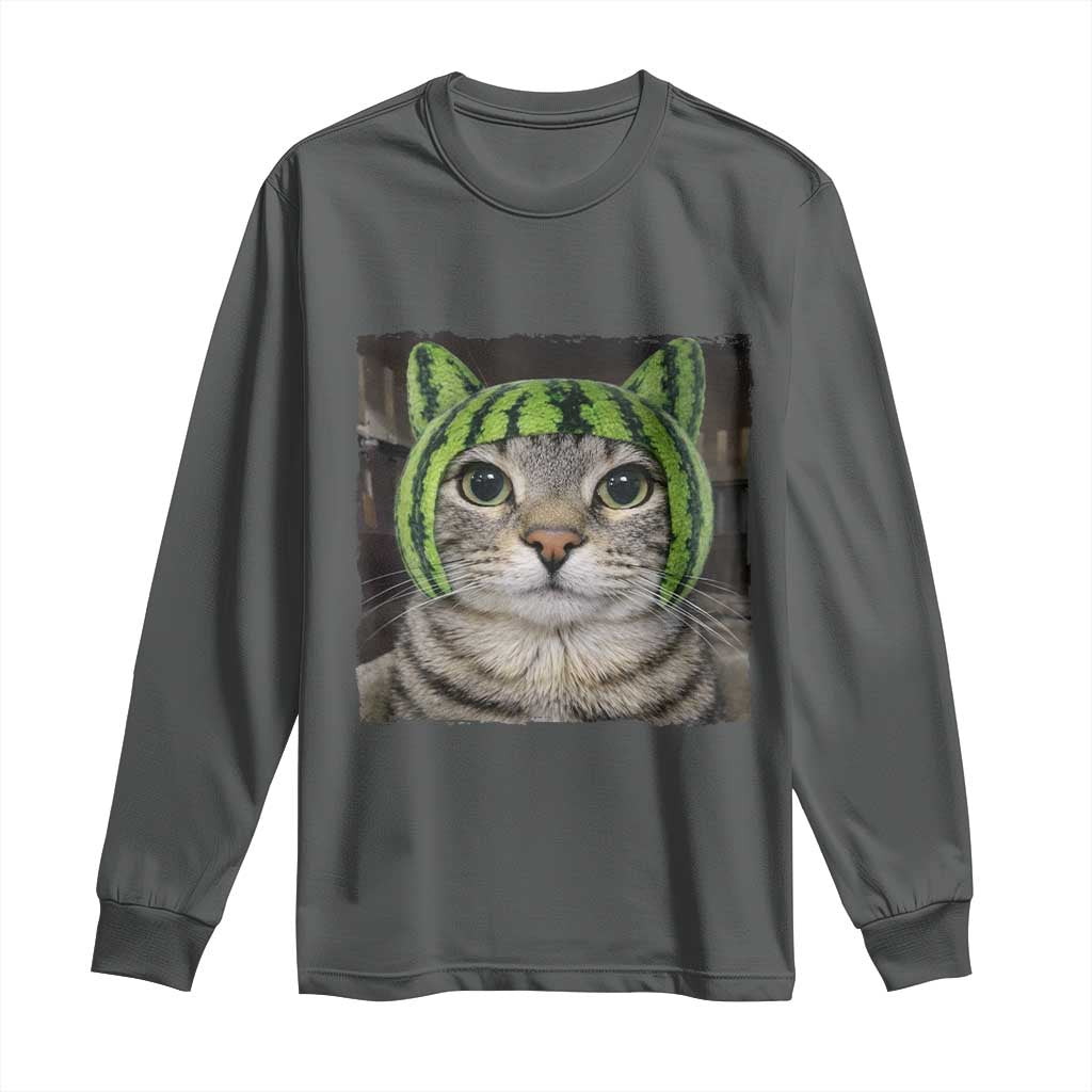 Watermelon Cat Silly Cat Meme Long Sleeve Shirt TS10 Dark Heather Print Your Wear