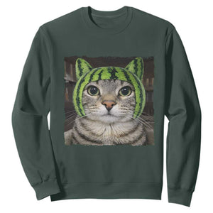 Watermelon Cat Silly Cat Meme Sweatshirt TS10 Dark Forest Green Print Your Wear
