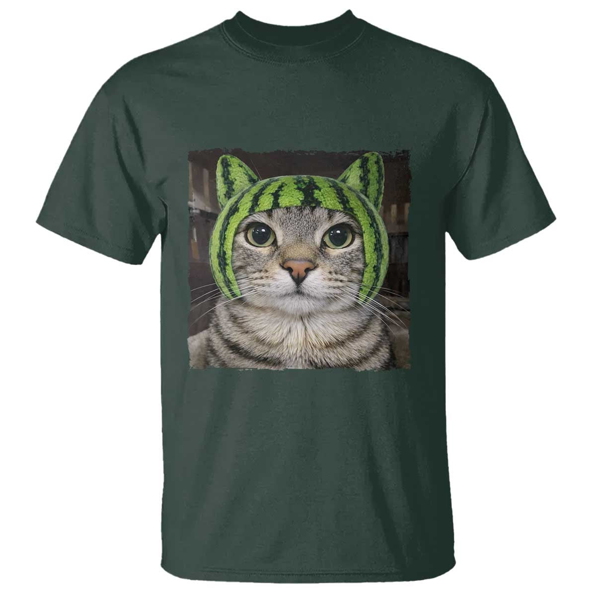 Watermelon Cat Silly Cat Meme T Shirt TS10 Dark Forest Green Print Your Wear