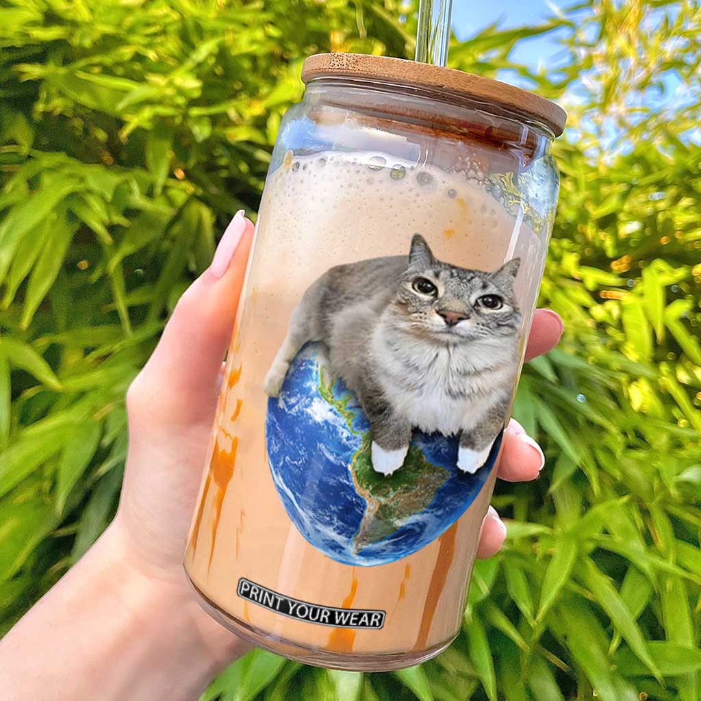 Earth Cat Silly Cat Meme Glass Can TS10 Black Print Your Wear