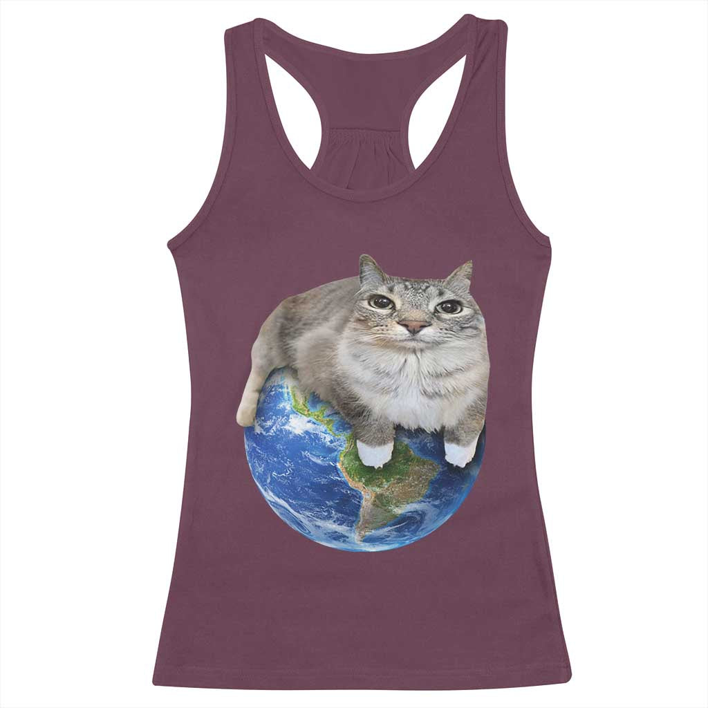 Earth Cat Silly Cat Meme Racerback Tank Top TS10 Maroon Print Your Wear