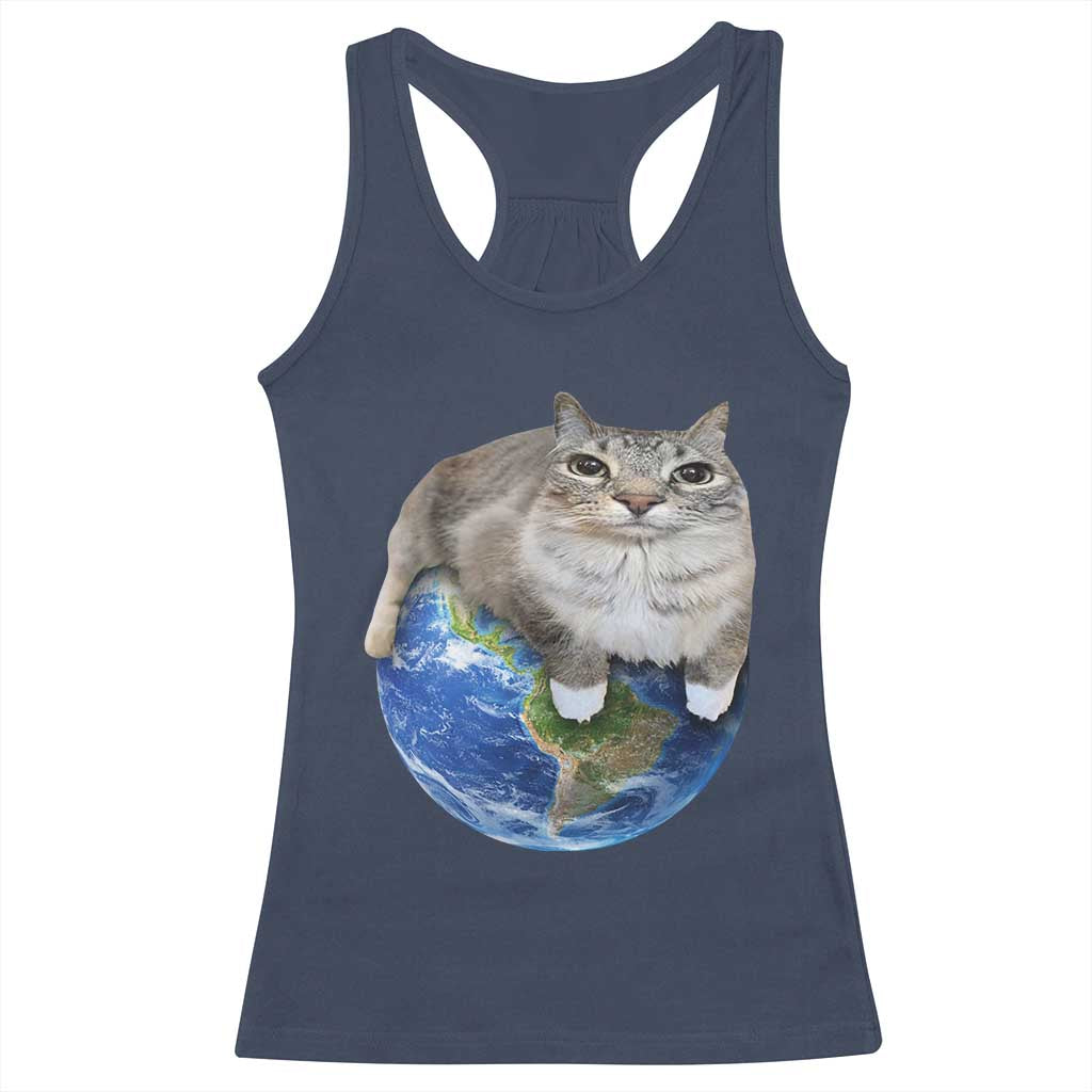 Earth Cat Silly Cat Meme Racerback Tank Top TS10 Navy Print Your Wear