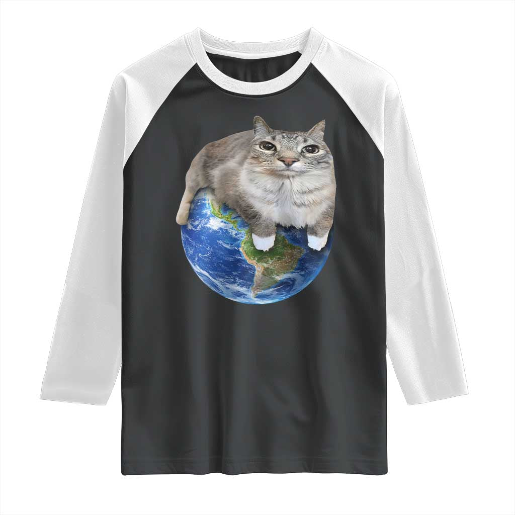 Earth Cat Silly Cat Meme Raglan Shirt TS10 Black White Print Your Wear