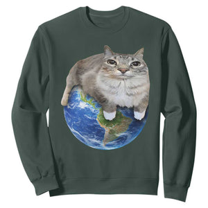 Earth Cat Silly Cat Meme Sweatshirt TS10 Dark Forest Green Print Your Wear