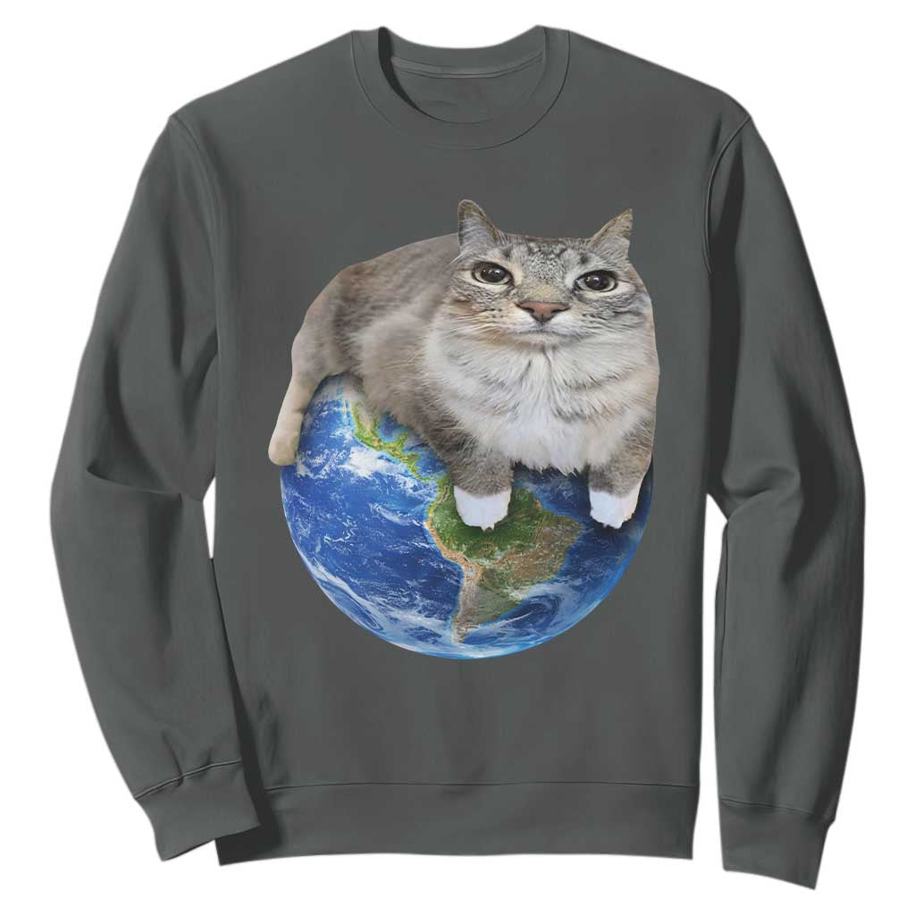 Earth Cat Silly Cat Meme Sweatshirt TS10 Dark Heather Print Your Wear