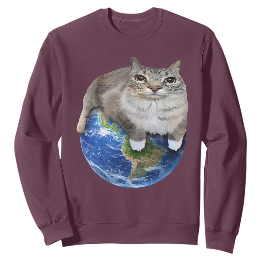 Earth Cat Silly Cat Meme Sweatshirt TS10 Maroon Print Your Wear