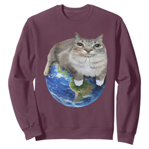 Earth Cat Silly Cat Meme Sweatshirt TS10 Maroon Print Your Wear