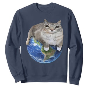 Earth Cat Silly Cat Meme Sweatshirt TS10 Navy Print Your Wear