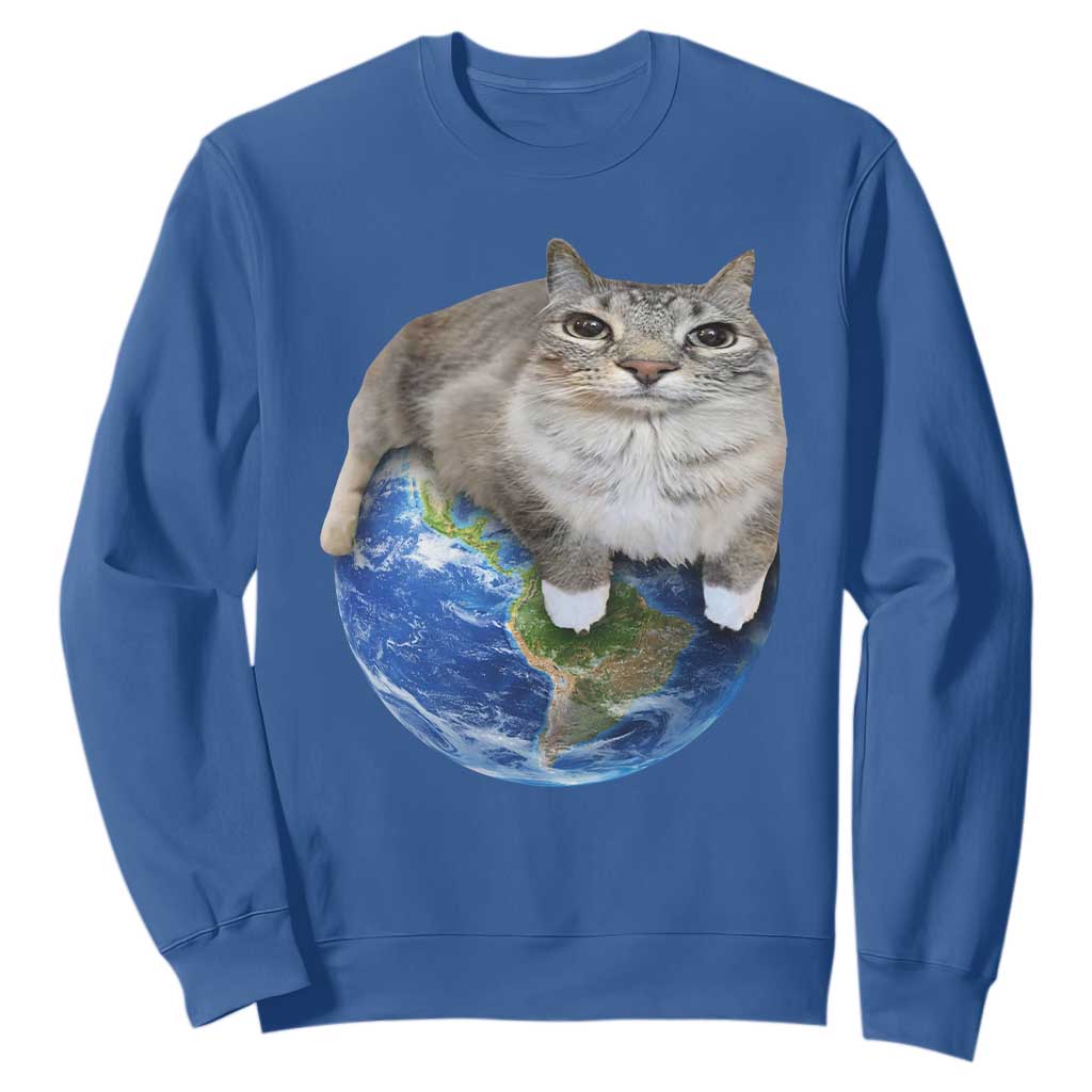 Earth Cat Silly Cat Meme Sweatshirt TS10 Royal Blue Print Your Wear