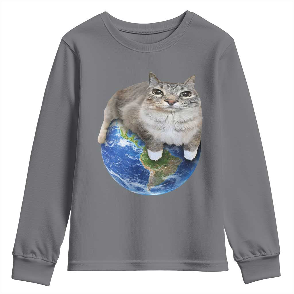 Earth Cat Silly Cat Meme Youth Sweatshirt TS10 Charcoal Print Your Wear