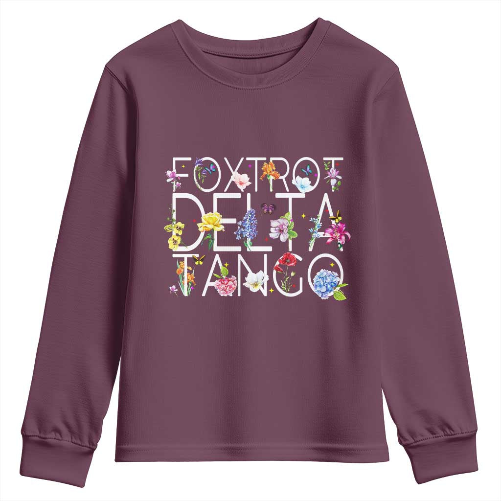 Subtle FDT Floral Youth Sweatshirt Foxtrot Delta Tango Flower Resist TS10 Maroon Print Your Wear