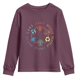 Earth Day Environment Youth Sweatshirt Save Bees Rescue Animals Recycle Plastic TS10 Maroon Print Your Wear