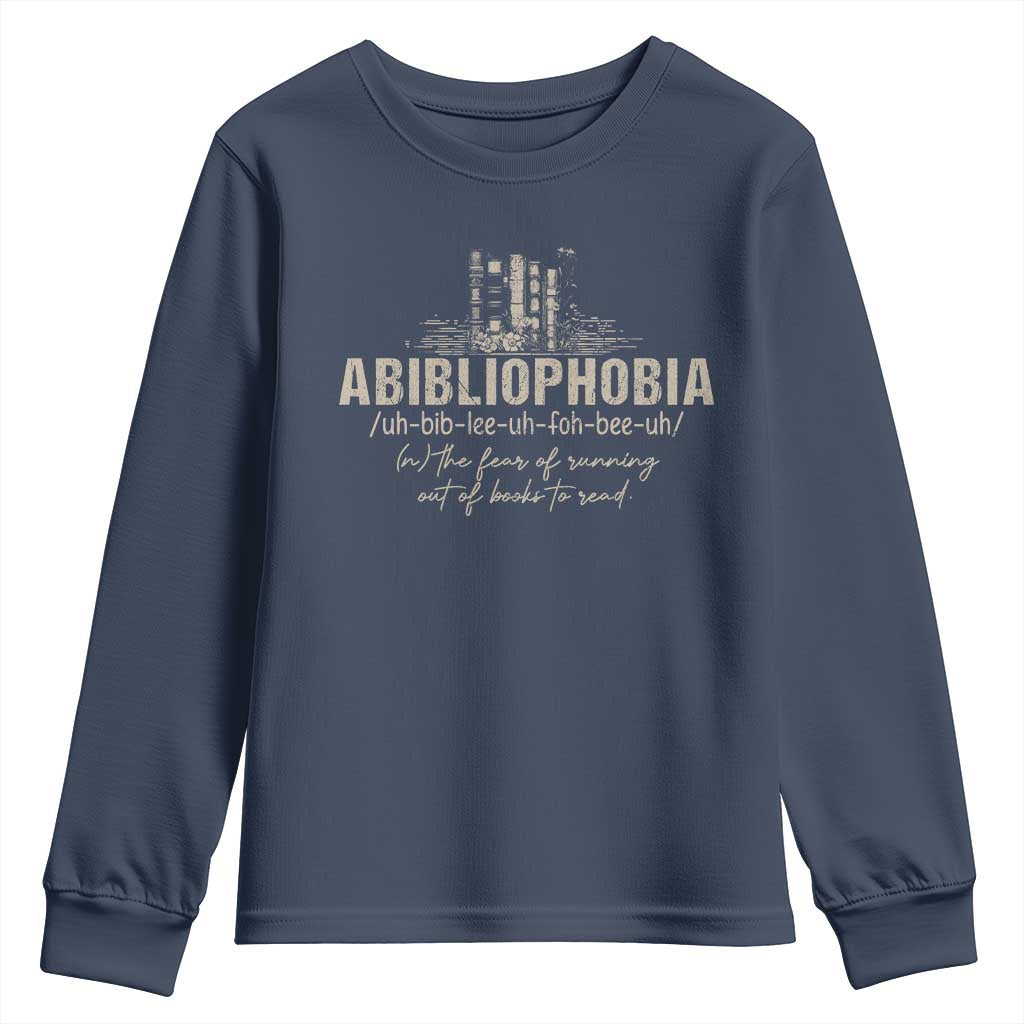 Abibliophobia Youth Sweatshirt Funny Reading Bookworm Book Lover Reader Gift TS10 Navy Print Your Wear
