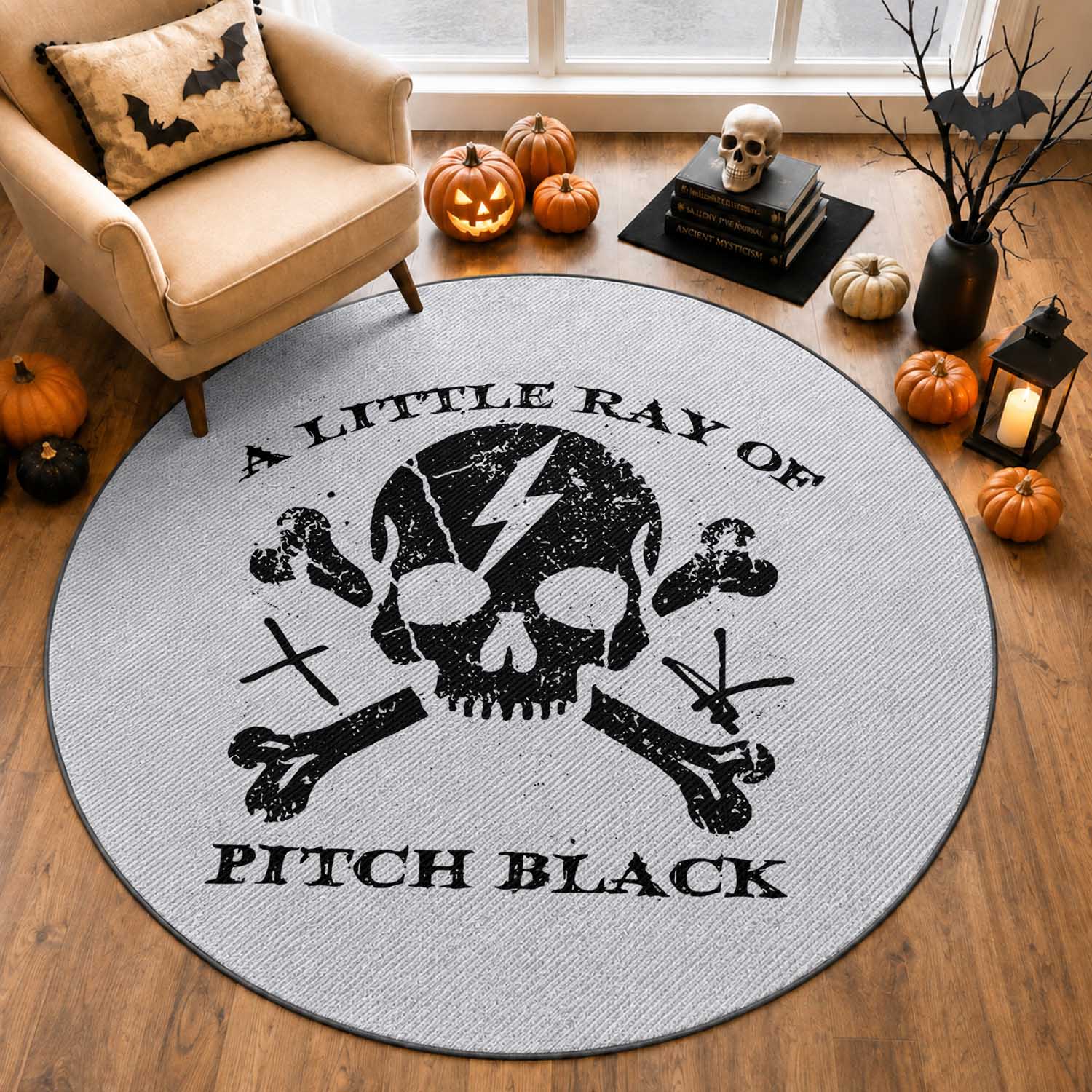 A Little Ray of Pitch Black Round Rug Dark Humor Sarcastic Halloween Spooky Skull