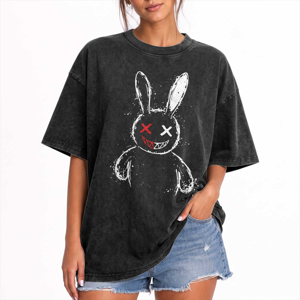 Creepy Cute Bunny Washed Cotton T-Shirt Rabbit Alt Goth Grunge Horror Aesthetic TS10 Print Your Wear