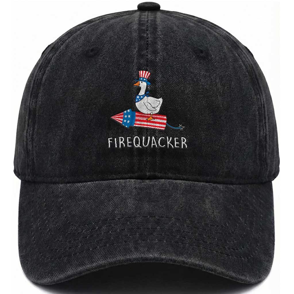 Funny July 4th Goose Washed Cotton Baseball Cap Patriotic Goose Firework Firequacker Independence Day TS10 Washed Cap Universal Fit Black Print Your Wear