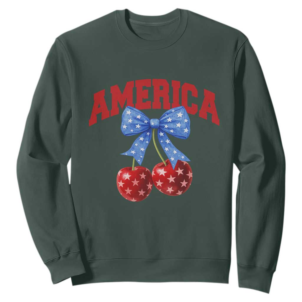 America Cherry Coquette Bow Sweatshirt 4th of July Patriotic TS10 Dark Forest Green Print Your Wear