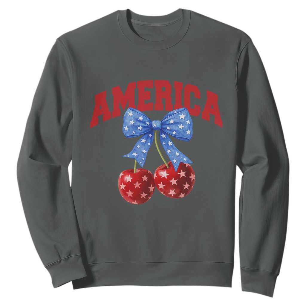 America Cherry Coquette Bow Sweatshirt 4th of July Patriotic TS10 Dark Heather Print Your Wear