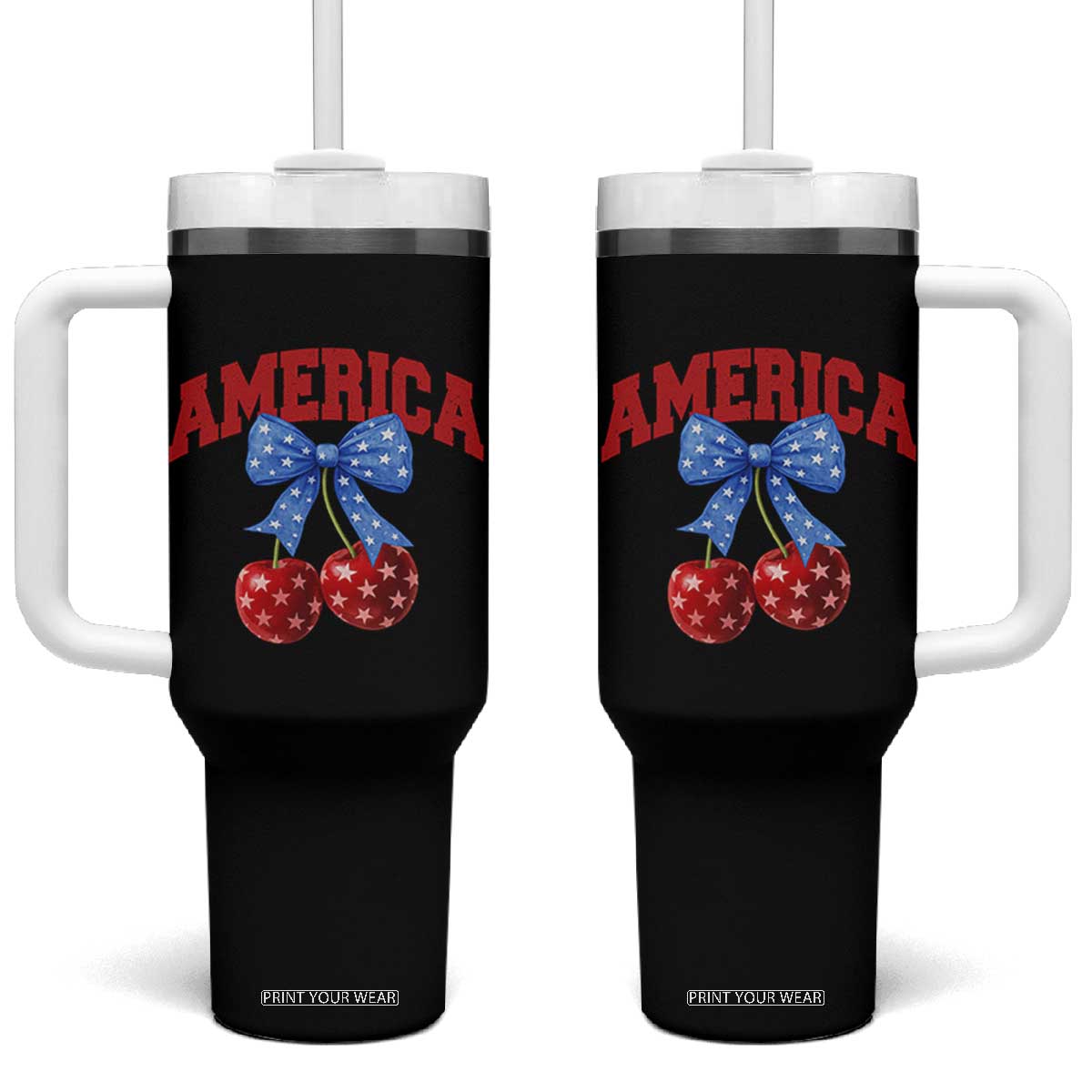 America Cherry Coquette Bow Tumbler With Handle 4th of July Patriotic TS10 One Size: 40 oz Black Print Your Wear