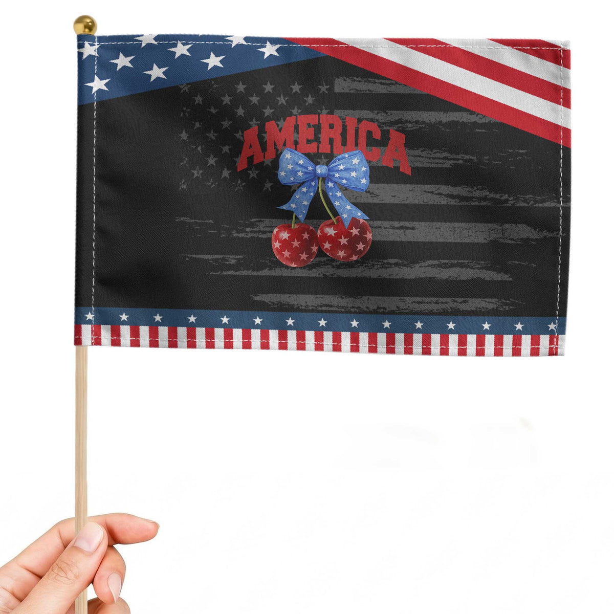 America Cherry Coquette Bow Patriotic Handheld Flag 4th of July TS10 Distressed 8.2
