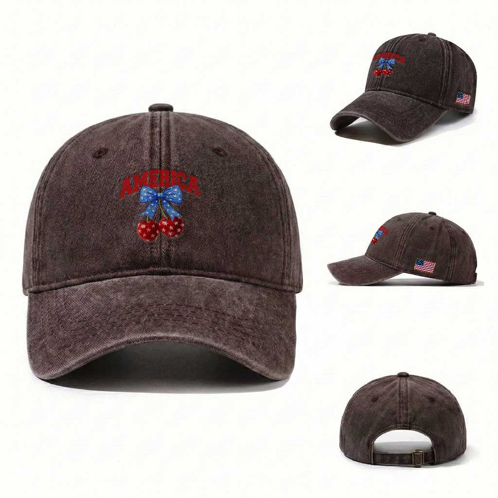 America Cherry Coquette Bow Washed Cotton Baseball Cap 4th of July Patriotic TS10 Washed Cap Universal Fit Dark Brown Print Your Wear