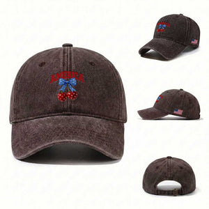 America Cherry Coquette Bow Washed Cotton Baseball Cap 4th of July Patriotic TS10 Washed Cap Universal Fit Dark Brown Print Your Wear