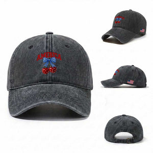America Cherry Coquette Bow Washed Cotton Baseball Cap 4th of July Patriotic TS10 Washed Cap Universal Fit Dark Gray Print Your Wear