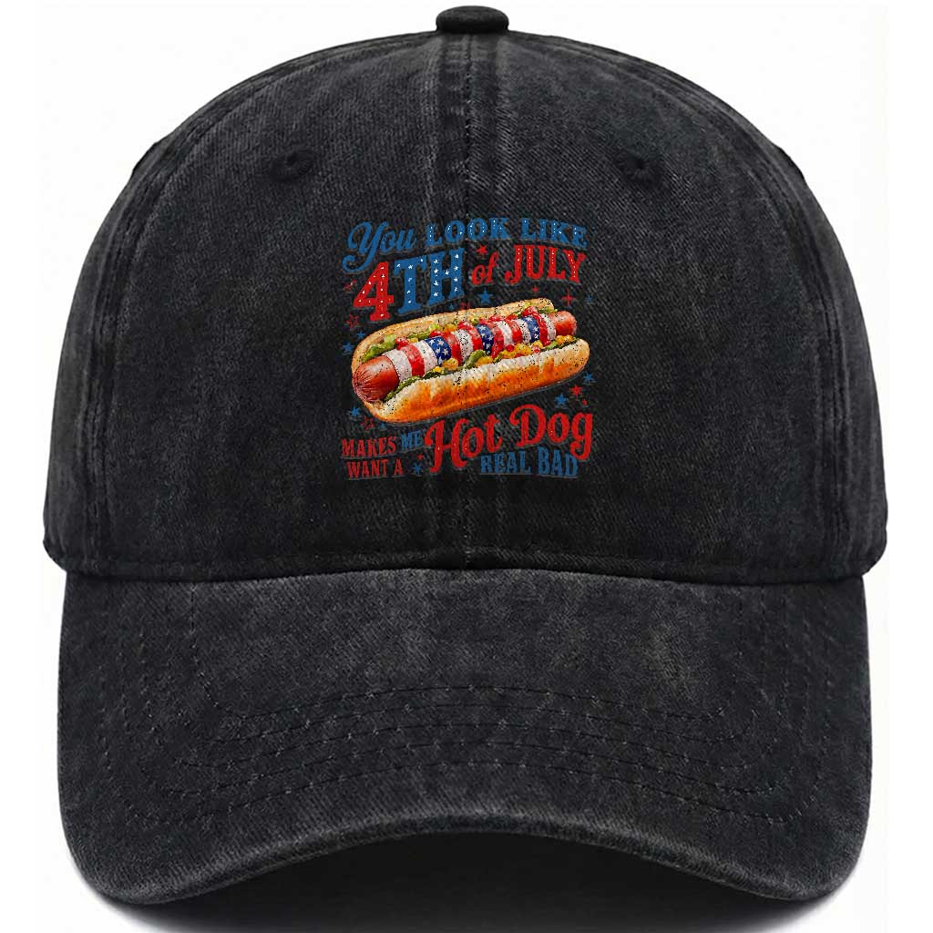 You Look Like 4th of July Hot Dog Washed Cotton Baseball Cap Funny Patriotic Food Meme TS10 Washed Cap Universal Fit Black Print Your Wear