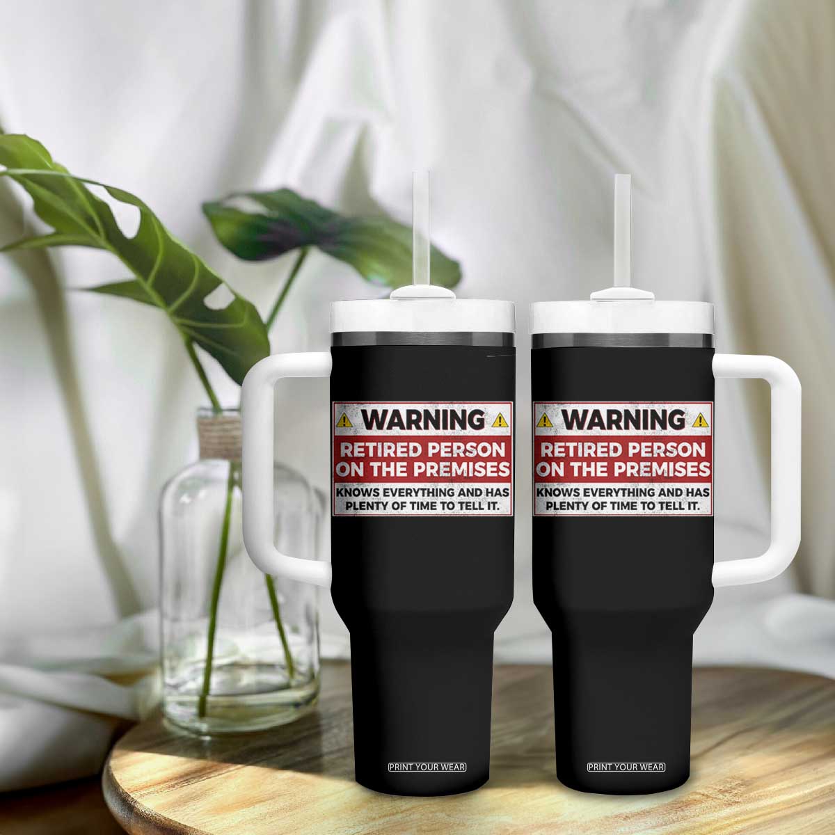 Funny Retirement Tumbler With Handle Warning A Retired Person On The Premises Knows Everything TS10 Print Your Wear