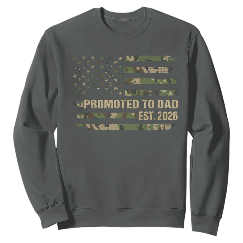 Promoted To Dad Est 2026 Sweatshirt Retro Camo American Flag TS10 Dark Heather Print Your Wear