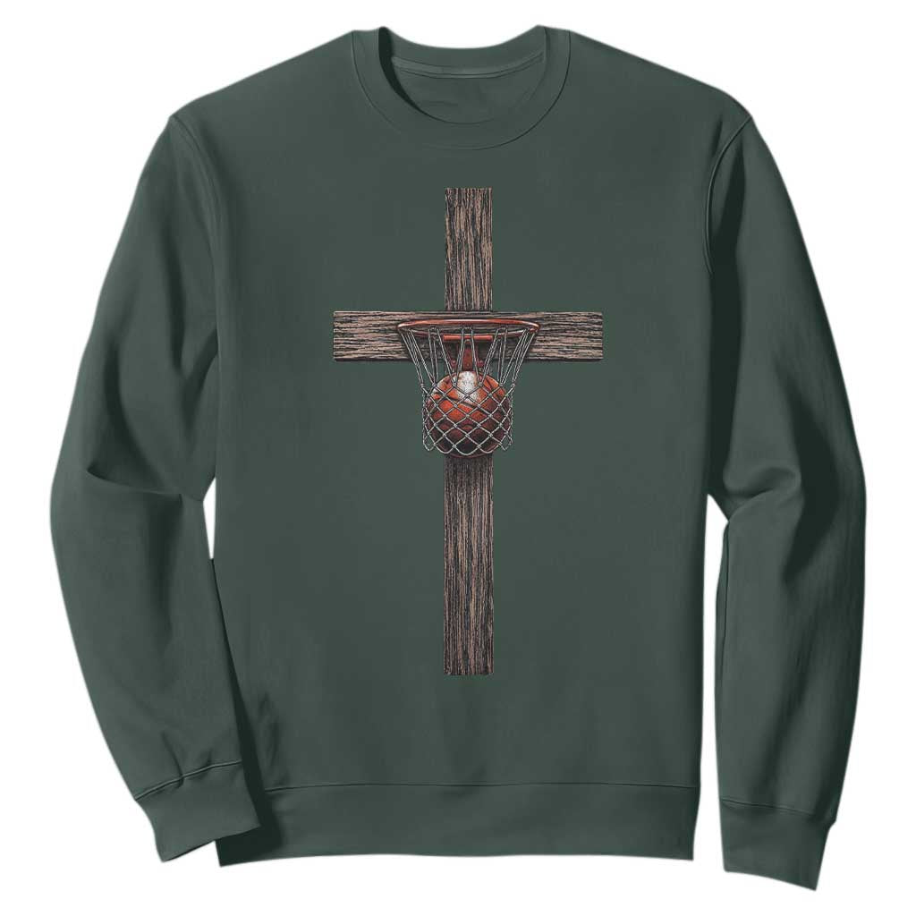 Christian Cross Basketball Sweatshirt Faith Basketball Player Graphic TS10 Dark Forest Green Print Your Wear