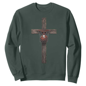 Christian Cross Basketball Sweatshirt Faith Basketball Player Graphic TS10 Dark Forest Green Print Your Wear