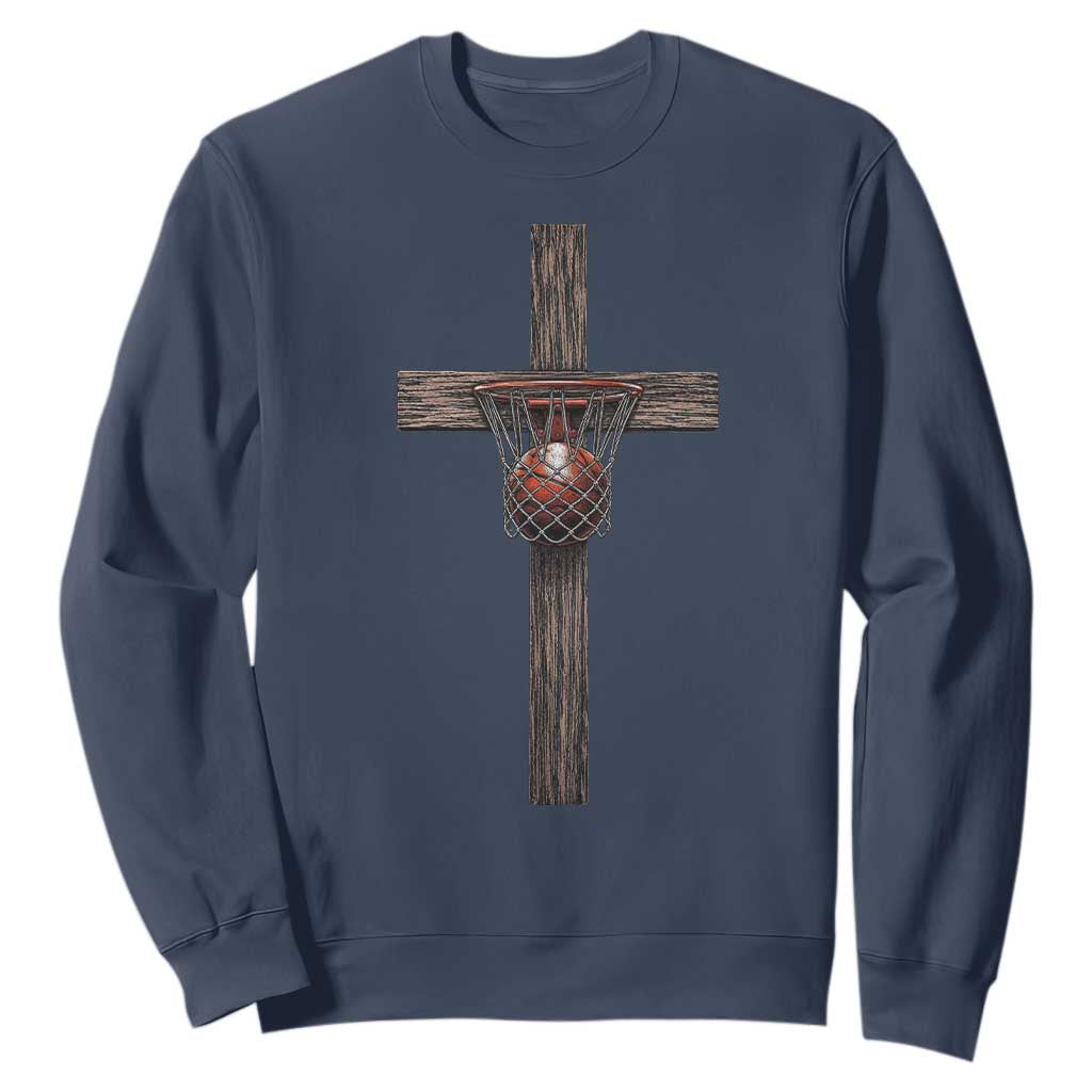 Christian Cross Basketball Sweatshirt Faith Basketball Player Graphic TS10 Navy Print Your Wear
