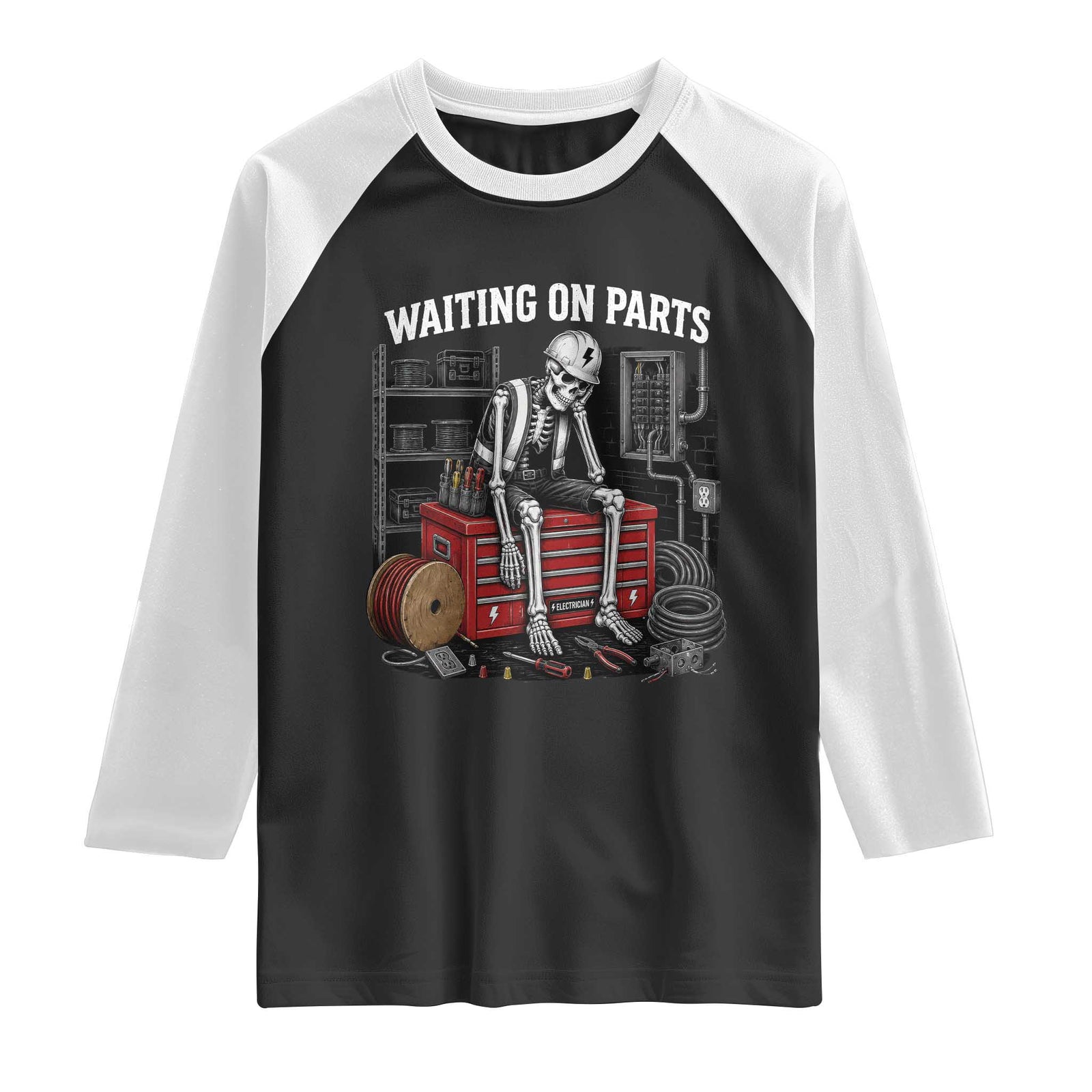 Electrician Skeleton Raglan Shirt Waiting On Parts Funny Graphic TS10 Black White Print Your Wear