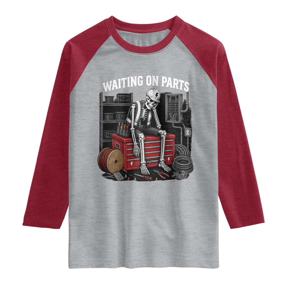 Electrician Skeleton Raglan Shirt Waiting On Parts Funny Graphic TS10 Heather Gray Heather Red Print Your Wear