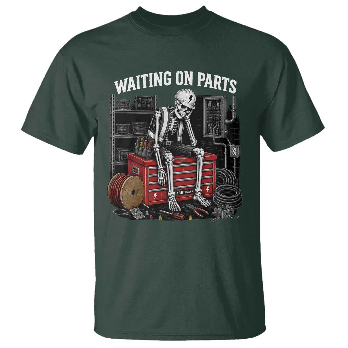 Electrician Skeleton T Shirt Waiting On Parts Funny Graphic TS10 Dark Forest Green Print Your Wear