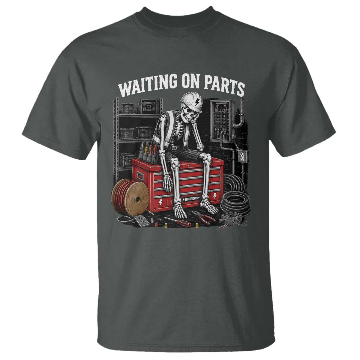 Electrician Skeleton T Shirt Waiting On Parts Funny Graphic TS10 Dark Heather Print Your Wear